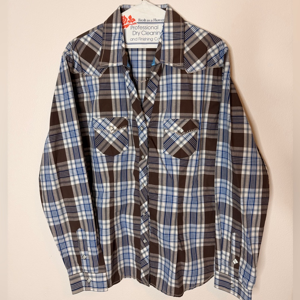 Stylish Plaid Button Down Shirt - Brown and Blue